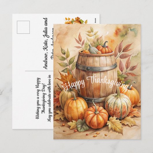 Barrel mit Pumpkins Happy Thanksgiving Feiertagspostkarte (Vorne/Hinten)
