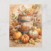 Barrel mit Pumpkins Happy Thanksgiving Feiertagspostkarte (Vorderseite)
