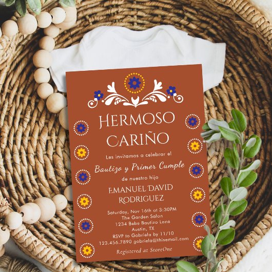 Barro Floral Cielito Lindo Bautizo y Primer Cumple Einladung