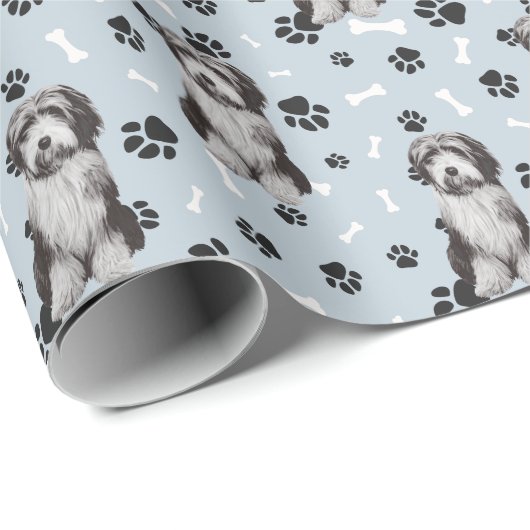 Bartded Collie Dog PW Print Pattern auf Silver Geschenkpapier (Rolleneckpunkt)