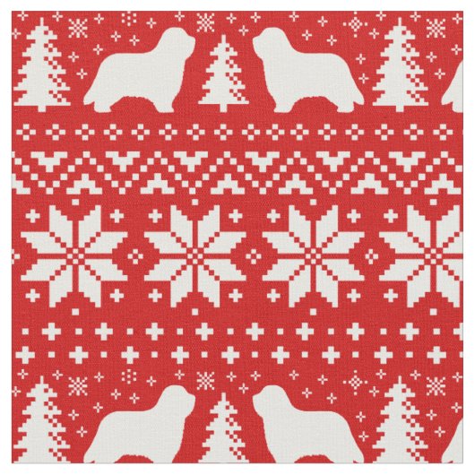 Bärtiges Collie-Silhouette-Weihnachtsmuster-Rot Stoff (Nahaufnahme)