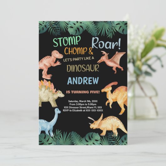 Barwon Black Glitzer Dinosaur Birthday Einladungen (Stehend Vorderseite)