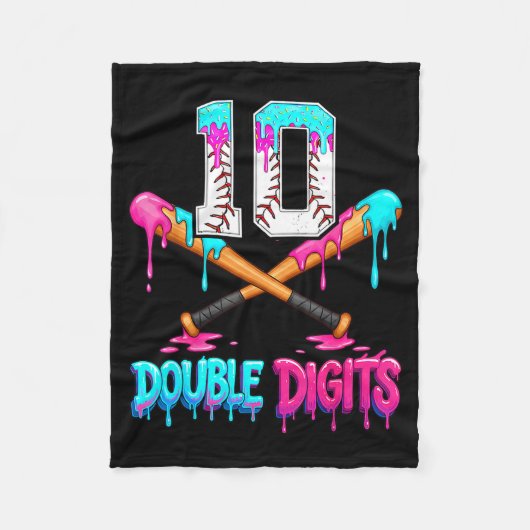 Baseball 10 Year Old Ice Cream Drip 10th Bday Doub Fleecedecke (Vorderseite)