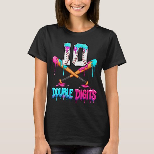Baseball 10 Year Old Ice Cream Drip 10th Bday Doub T-Shirt (Vorderseite)