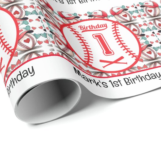 Baseball 1. Geburtstag Party Geschenkpapier (Rolleneckpunkt)