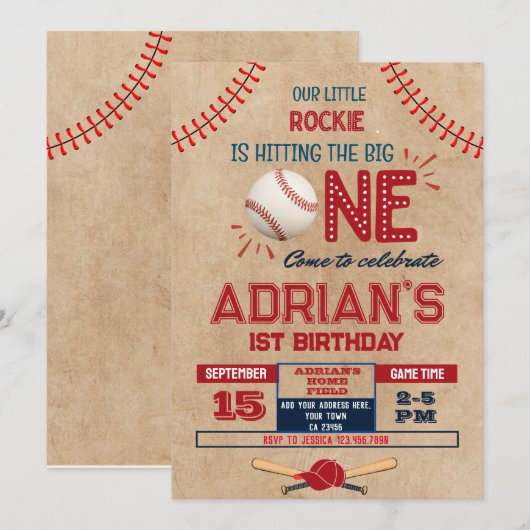 Baseball-1. Geburtstagsjunge Einladung (Vorne/Hinten)