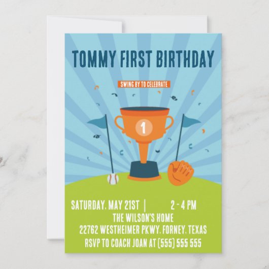 Baseball 1. Geburtstagssportthema Einladung (Vorderseite)