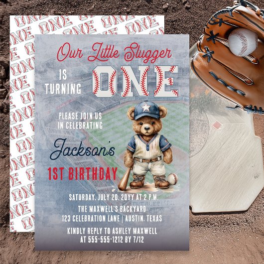 Baseball 1st Birthday Teddy Bear Little Slugger  Einladung