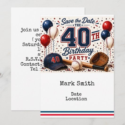Baseball 40. Geburtstagsfeier  Einladung (Vorne/Hinten)