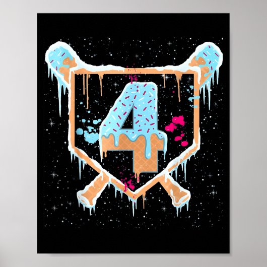 Baseball 4 Year Old Ice Cream Drip 4th Birthday Bo Poster (Vorne)