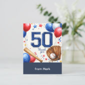Baseball 50. Geburtstag Danke Postkarte (Stehend Vorderseite)