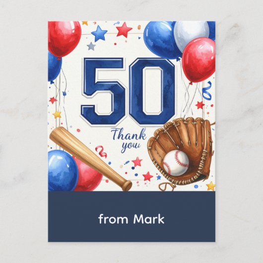 Baseball 50. Geburtstag Danke Postkarte (Vorderseite)