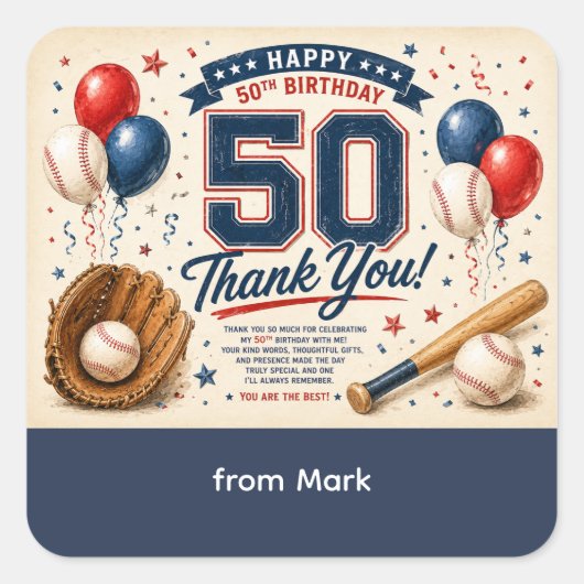 Baseball 50. Geburtstag Danke  Quadratischer Aufkleber (Vorderseite)