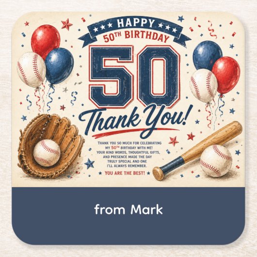 Baseball 50. Geburtstag Danke Rechteckiger Pappuntersetzer (Vorderseite)