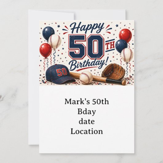 Baseball 50. Geburtstag Einladung (Vorderseite)