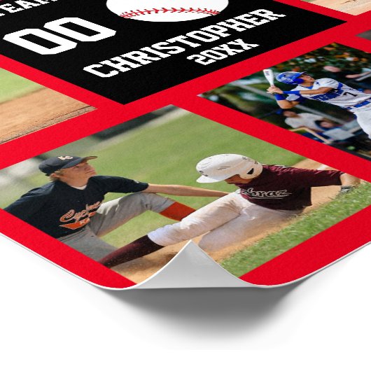 Baseball 7 Foto Collage Roter Teamname Poster (Ecke)