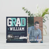 Baseball ABSCHLUSS FOTO Einladung Blau (Stehend Vorderseite)