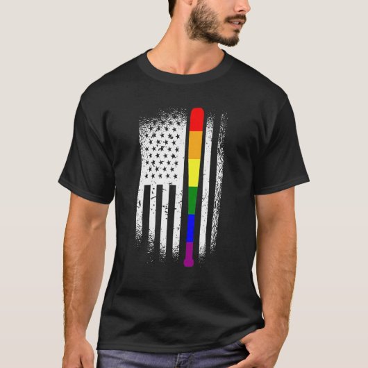 Baseball American Flag Lgbt Q Rainbow Bat Gay Prid T-Shirt (Vorderseite)
