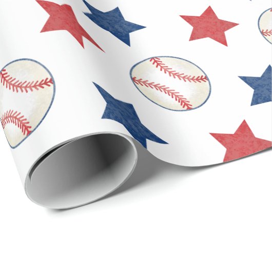 Baseball and Stars Red White and Blue Pattern Geschenkpapier (Rolleneckpunkt)