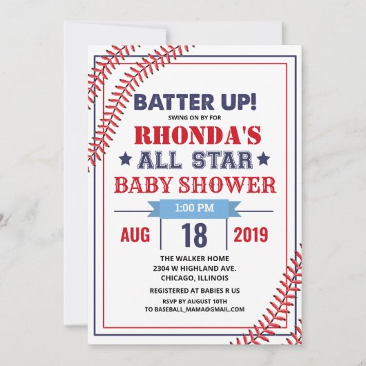 Baseball Baby Dusche Einladung (Vorderseite)