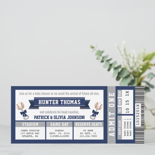 Baseball-Baby-Dusche Einladung, blau, grau Einladung (Stehend Vorderseite)