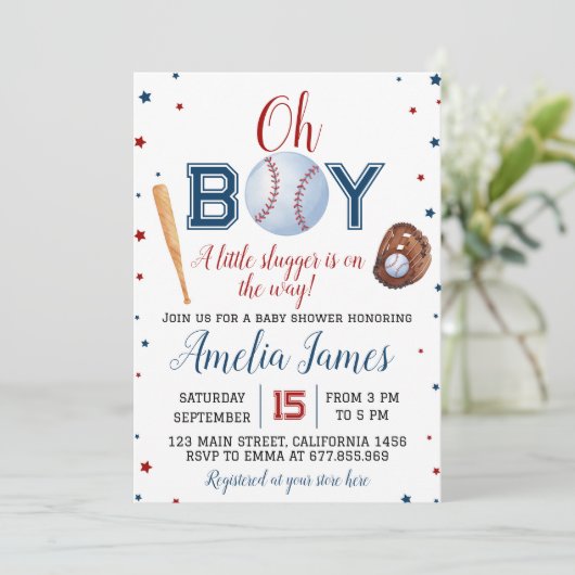 Baseball Baby Dusche Einladung Kleines Gepäck (Stehend Vorderseite)