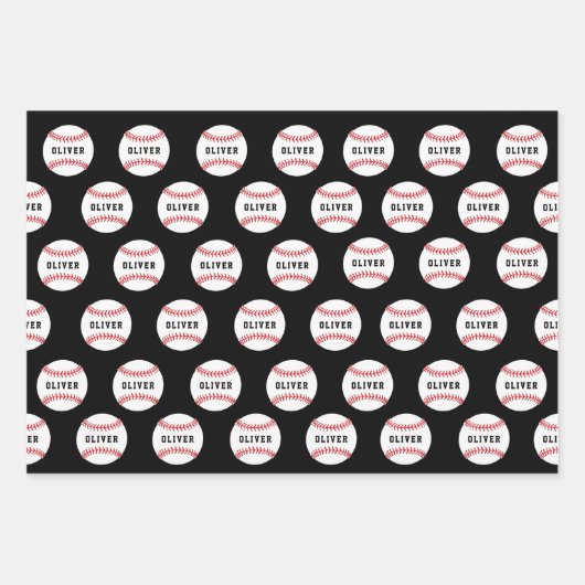 Baseball Ball Black Pattern Kids Name Geschenkpapier Set (Vorderseite)
