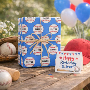 Baseball Ball Blau Muster Kinder Name  Geschenkpapier Set