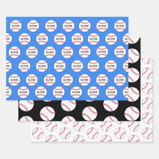 Baseball Ball Blue Muster Kids Name Geschenkpapier Set (Set)