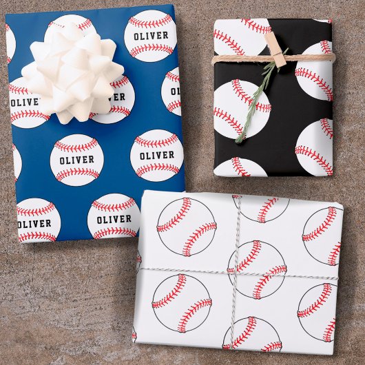 Baseball Ball Blue Muster Kids Name Geschenkpapier Set