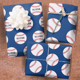 Baseball Ball Blue Muster Kids Name Geschenkpapier Set