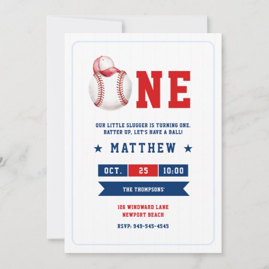 Baseball Ball Cap Blue Red Niedlich Boy 1. Geburts Einladung (Vorderseite)