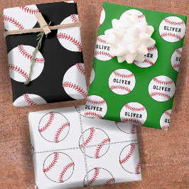 Baseball Ball Green Muster Kids Name Geschenkpapier Set