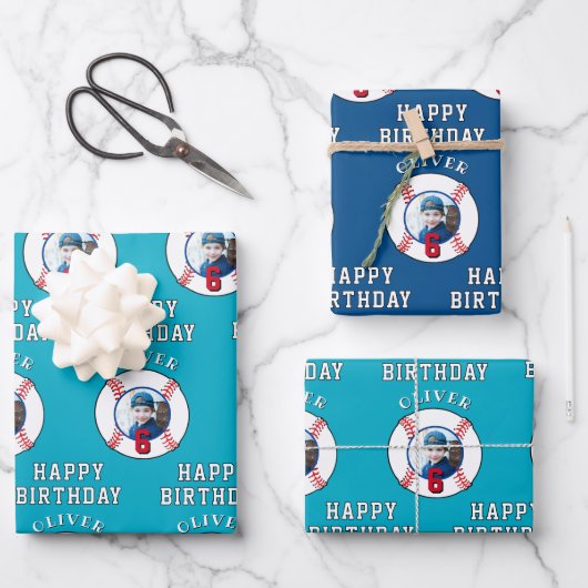 Baseball Ball Kinder Geburtstagsfoto Geschenkpapier Set (Vorderseite)