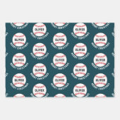 Baseball Ball Muster Kinder Name Frohe Weihnachten Geschenkpapier Set (Vorderseite)