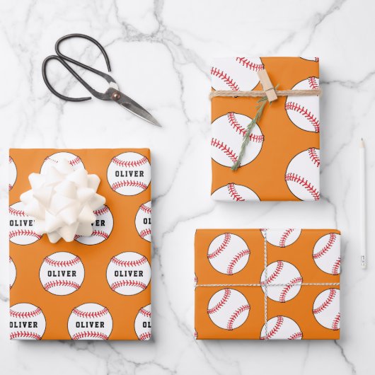 Baseball Ball Orange Muster Kids Name Birthday Geschenkpapier Set (Vorderseite)