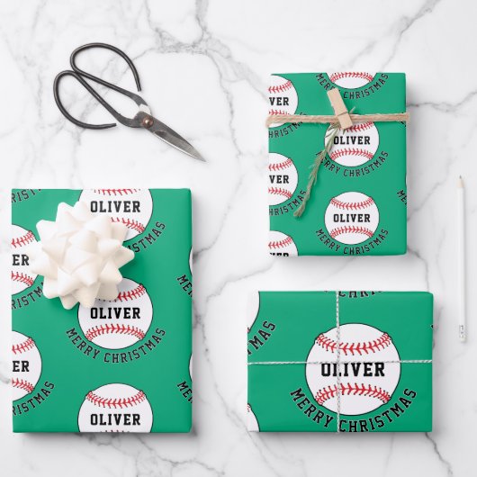 Baseball Ball Pattern Kinder Name Frohe Weihnachte Geschenkpapier Set (Vorderseite)