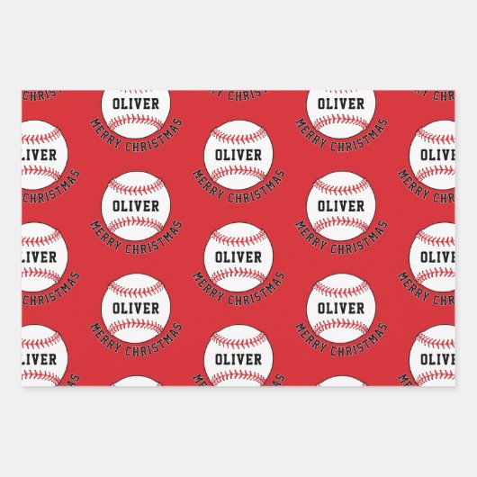 Baseball Ball Pattern Kinder Name Frohe Weihnachte Geschenkpapier Set (Vorderseite 3)