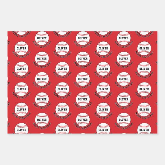 Baseball Ball Pattern Kinder Name Frohe Weihnachte Geschenkpapier Set (Vorderseite 2)