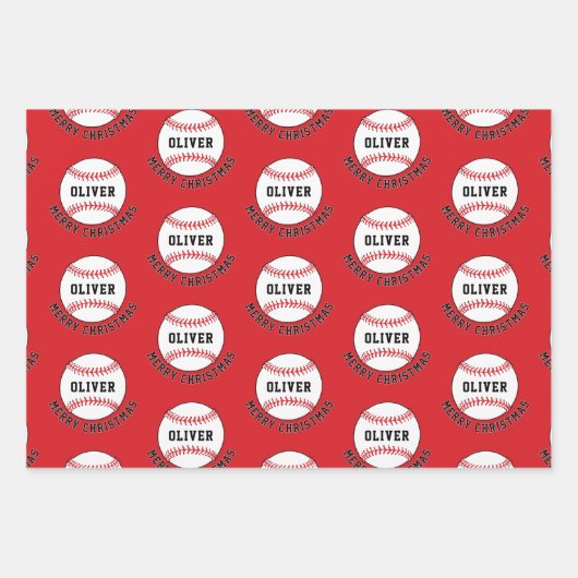 Baseball Ball Pattern Kinder Name Frohe Weihnachte Geschenkpapier Set (Vorderseite)