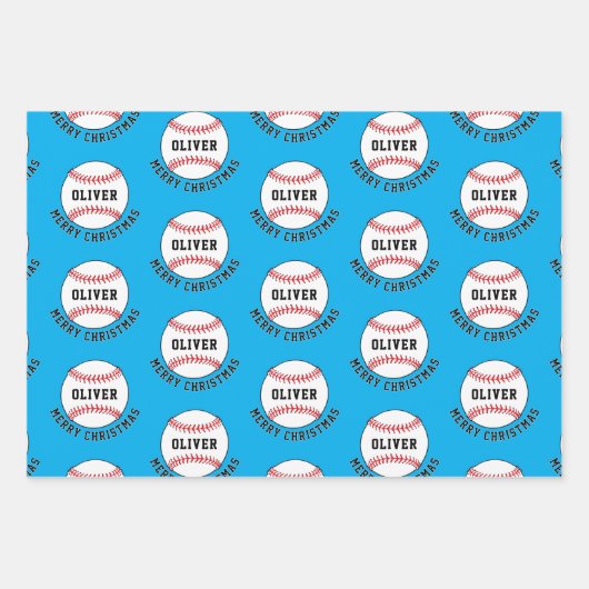 Baseball Ball Pattern Kinder Name Frohe Weihnachte Geschenkpapier Set (Vorderseite)