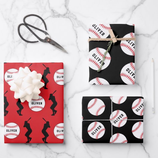 Baseball Ball Player Kinder Name Geburtstag Geschenkpapier Set (Vorderseite)