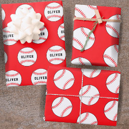 Baseball Ball Red Pattern Kids Name Birthday  Geschenkpapier Set