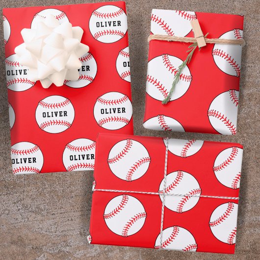 Baseball Ball Red Pattern Kids Name Birthday Geschenkpapier Set
