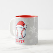 Baseball Ball Red Santa Hat Snowflake Name Zweifarbige Tasse (Vorderseite Links)