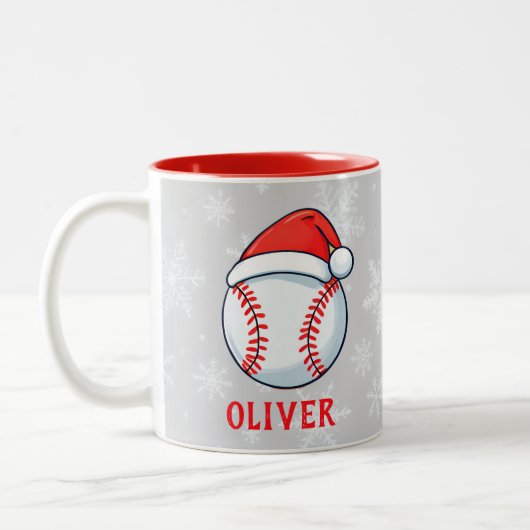 Baseball Ball Red Santa Hat Snowflake Name Zweifarbige Tasse (Links)
