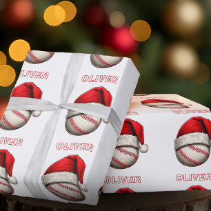 Baseball Ball Rote Santa-Mütze Name Weihnachten  Geschenkpapier