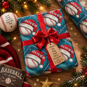 Baseball Ball Rote Santa-Mütze Name Weihnachten Geschenkpapier