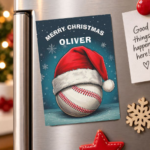 Baseball Ball Rote Santa-Mütze Name Weihnachtskart Magnetkarte