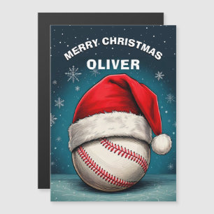 Baseball Ball Rote Santa-Mütze Name Weihnachtskart Magnetkarte